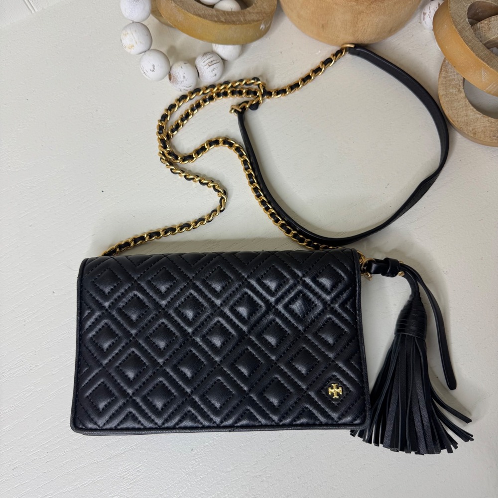 Tory Burch Fleming Flat Wallet Crossbody Bag Black Quilted Leather Tassel Gold
